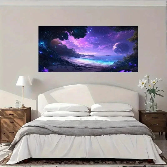 Fantasy Beach Night Sky Wall Art Canvas Office Home Room Framed 80x45cm