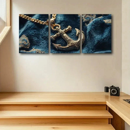 3pcs Golden Pirate Anchor Pendant Design Metal Print Ready to Hang Art