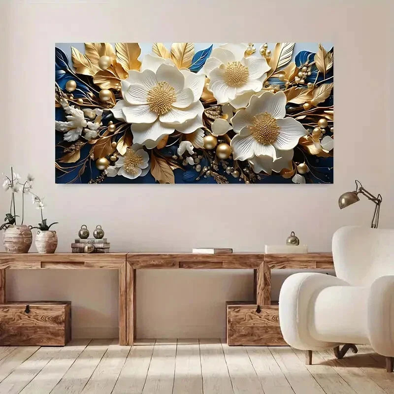 Elegant Floral Design Golden Wall Art Canvas Office Home Room Framed 80x45cm
