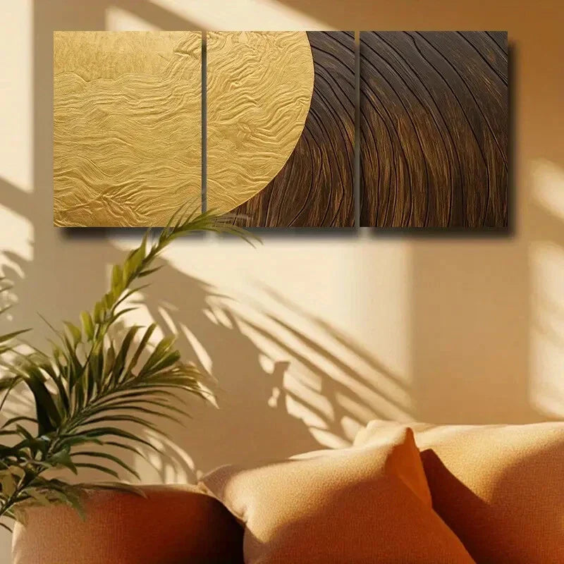 3pcs Soft Curve Textured Golden & Wood Design Metal Print Ready to Hang Art