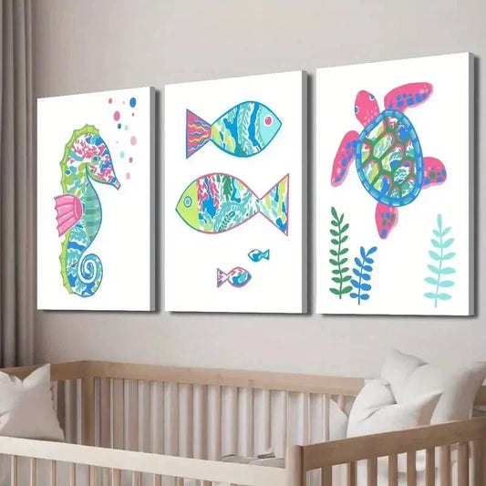 3pcs Style Seahorse Fish and Turtle Painting Wall Art Set Canvas Framed 40x60cm - High Quality Print 100% Australian Made Wall Canvas Ready to Hang