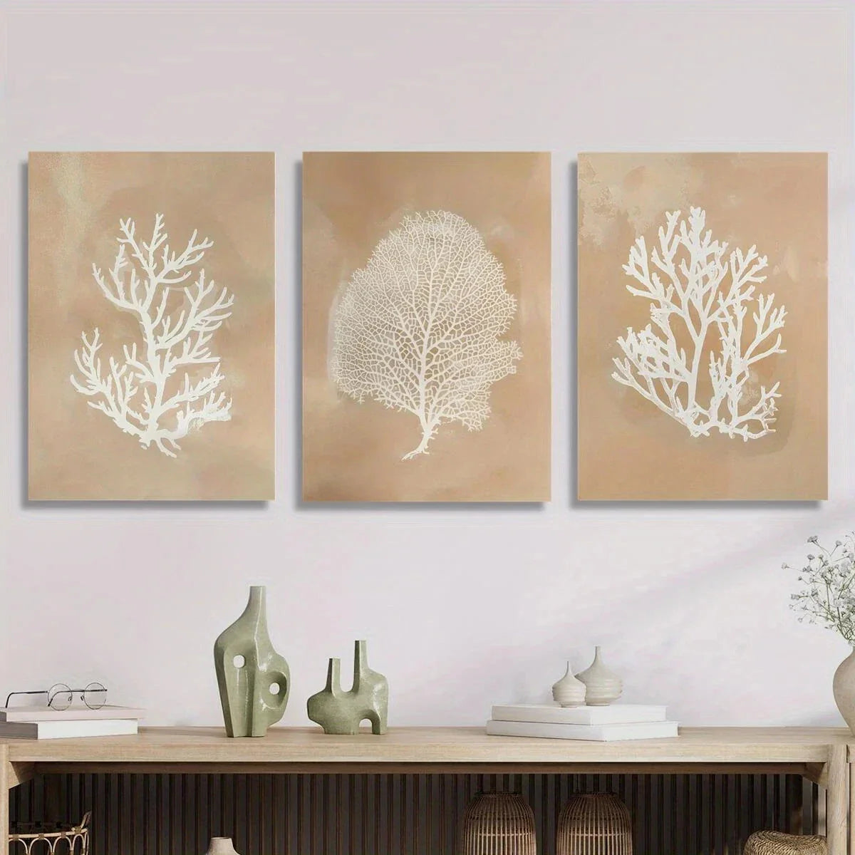 3pcs Beige Coral Seaweed Botanical Nautical Metal Print Ready to Hang Art