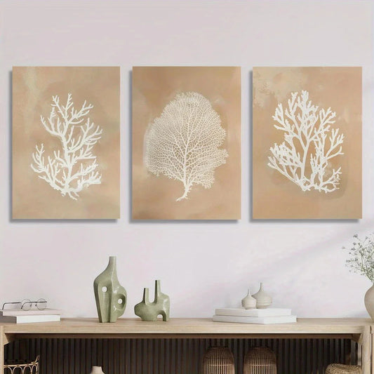 3pcs Beige Coral Seaweed Botanical Nautical Metal Print Ready to Hang Art