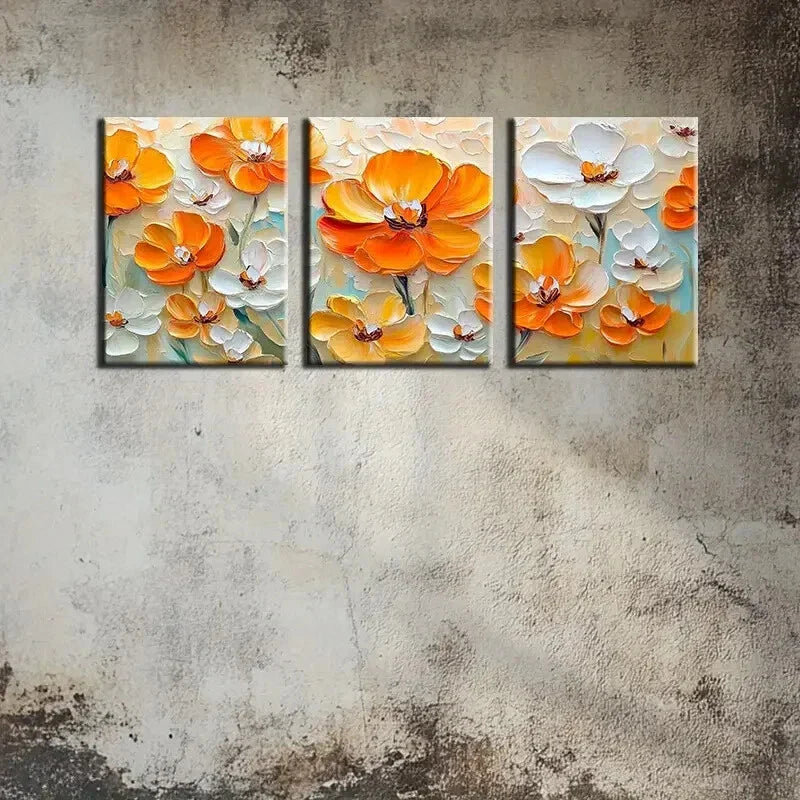 3pcs Vibrant Orange & White Flower Canvas Art Metal Print Ready to Hang Art