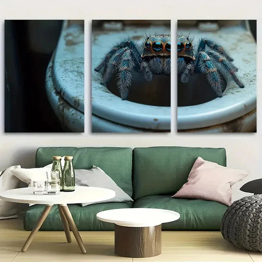 3pcs Whimsical Tarantula on Toilet Metal Print Ready to Hang Art