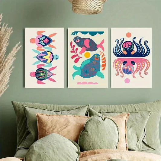 3pcs Vibrant Octopus & Turtle Metal Print Ready to Hang Art