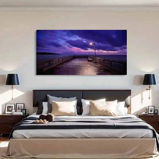 Seaside Dock Sunset Retro Wall Art Canvas Office Home Room Framed 120x60cm