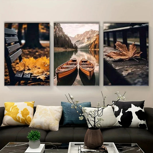 3pcs Autumn Forest Lake View Nature Metal Print Ready to Hang Art
