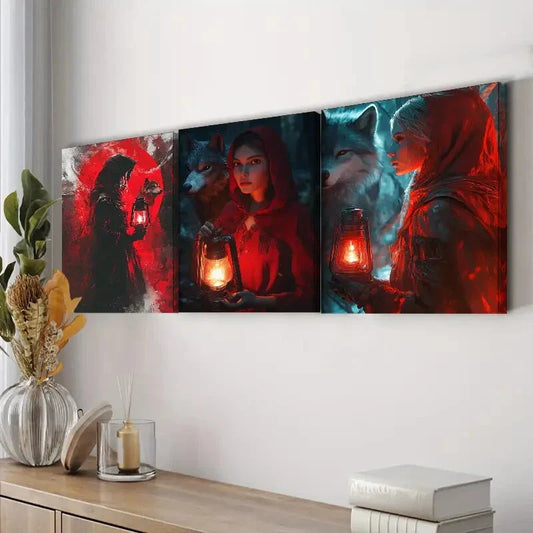 3pcs The Red Girl and the Wolf Darkness Wall Art Set Canvas Framed 40x60cm - High Quality Print 100% Australian Made Wall Canvas Ready to Hang