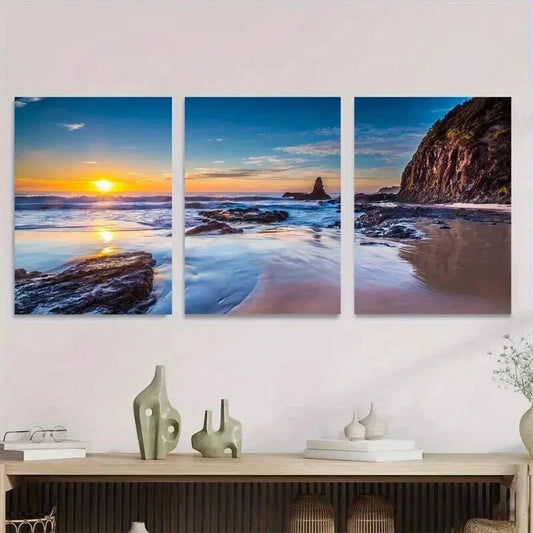 3pcs Sunset Beach Orange & Blue Seascape Wall Art Set Canvas Framed 40x60cm - High Quality Print 100% Australian Made Wall Canvas Ready to Hang