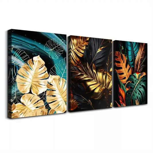 3pcs Stylish Black And Golden Feathers Leaves Wall Art Set Canvas Framed 40x60cm - High Quality Print 100% Australian Made Wall Canvas Ready to Hang