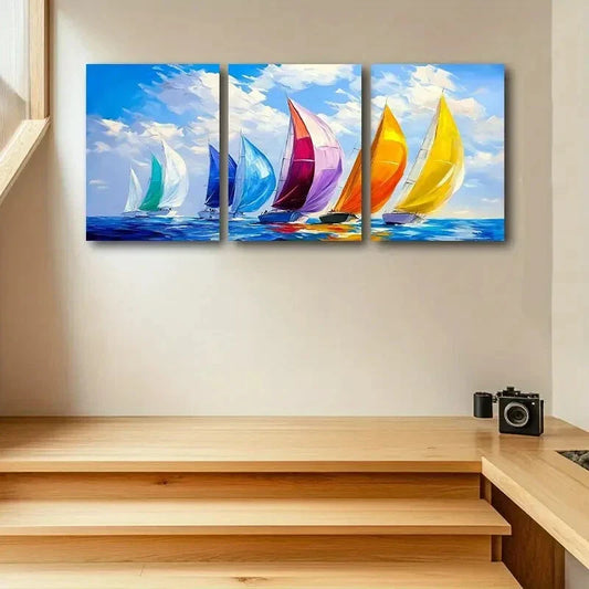 3pcs Vibrant Sailboats in the Water Metal Print Ready to Hang Art