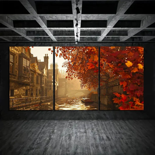 3pcs Peaceful Autumn Scenery Orange Leaves Metal Print Ready to Hang Art