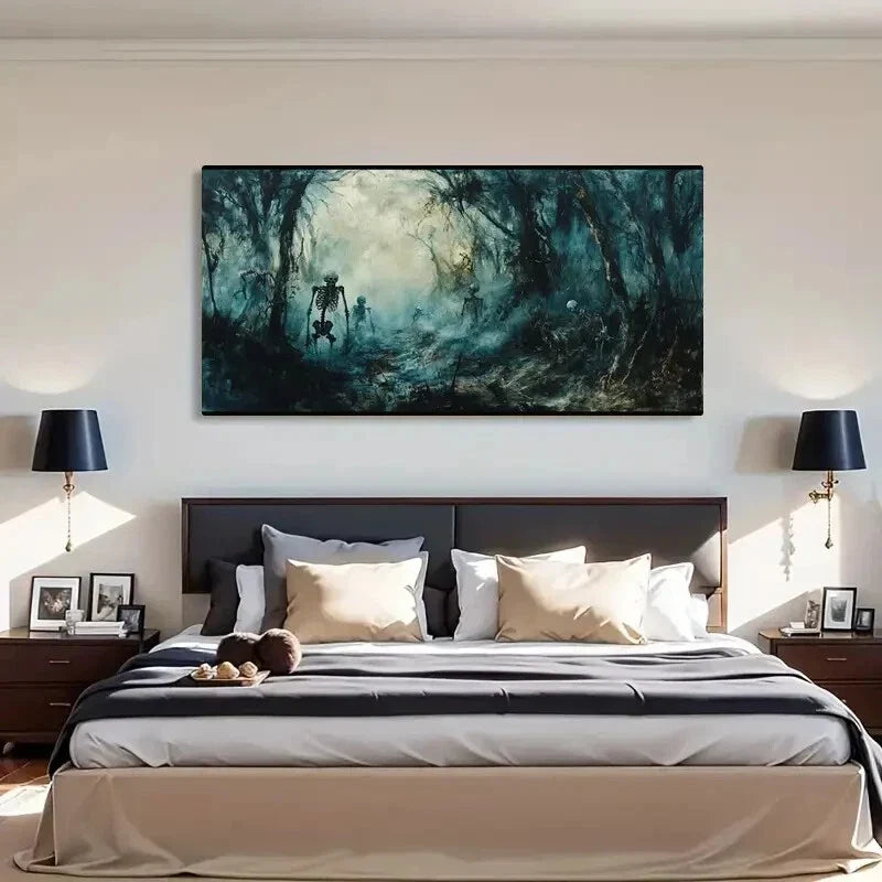 Skeletons Foggy Forest Scene Wall Art Canvas Office Home Room Framed 120x60cm