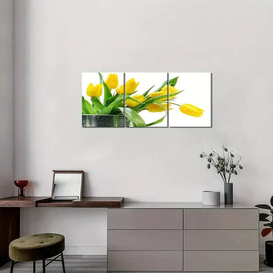 3pcs    Yellow Tulip & Green Foliage  Metal Print Ready to Hang Art