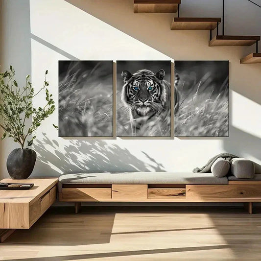 3pcs Black And White Tiger, Wild Nature Metal Print Ready to Hang Art