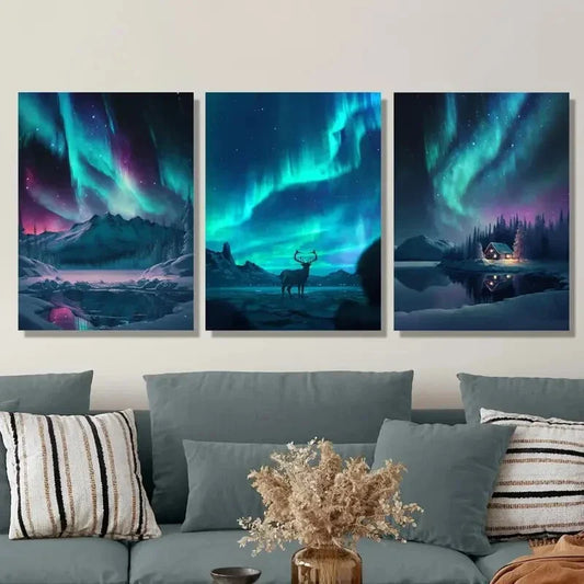 3pcs Arctic Night Scene with Auroras And Deer, Metal Print Ready to Hang Art