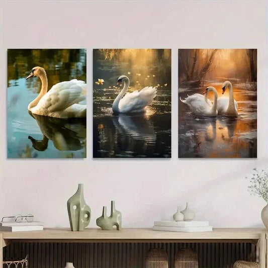 3pcs Elegant White Swans In Serene Water Wall Art Set Canvas Framed 40x60cm - High Quality Print 100% Australian Made Wall Canvas Ready to Hang