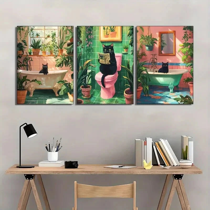 3pcs Playful Black Cat Bathtub with Green PlantMetal Print Ready to Hang Art