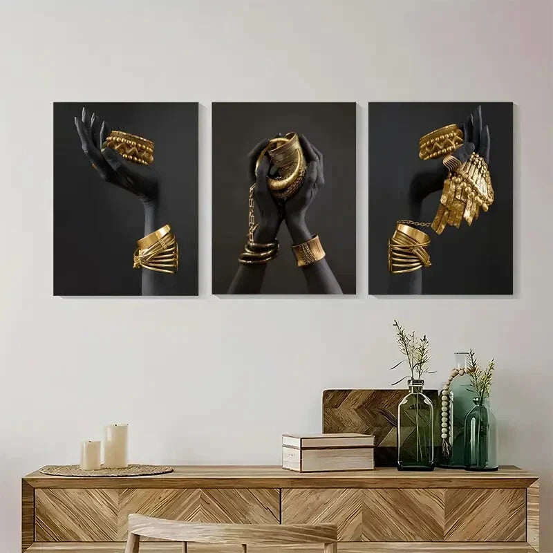 3pcs Hand And Golden Jewelry African Girl Black Metal Print Ready to Hang Art