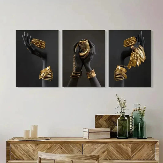 3pcs Hand And Golden Jewelry African Girl Black Metal Print Ready to Hang Art