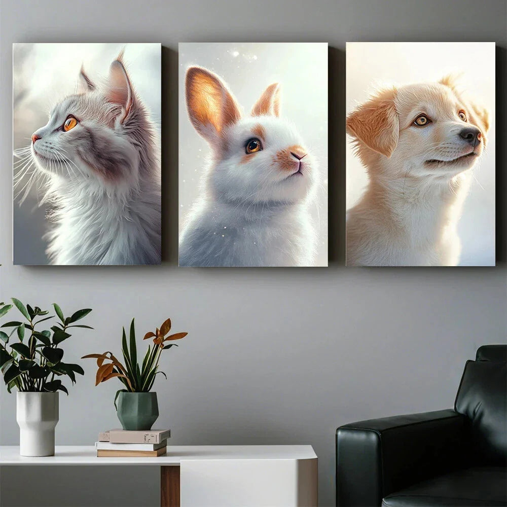 3pcs Cute Animal Charming Little Creature Heads Up Metal Print Ready to Hang Art
