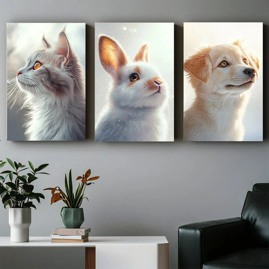 3pcs Cute Animal Charming Little Creature Heads Up Metal Print Ready to Hang Art