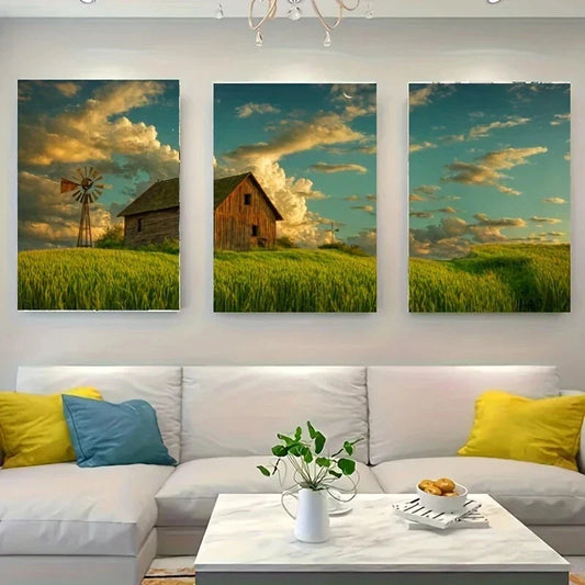 3pcs A Rustic Wooden House Sits on A Grasses Metal Print Ready to Hang Art