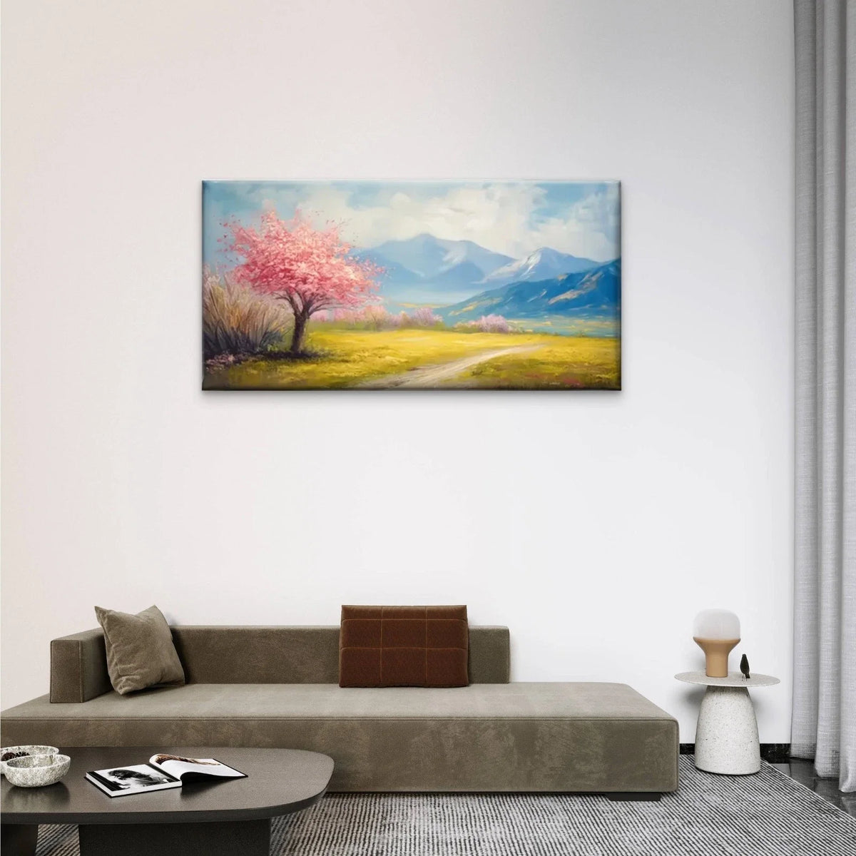 Path Pink Tree Mountains Wall Art Canvas Office Home Room Framed 80x45cm