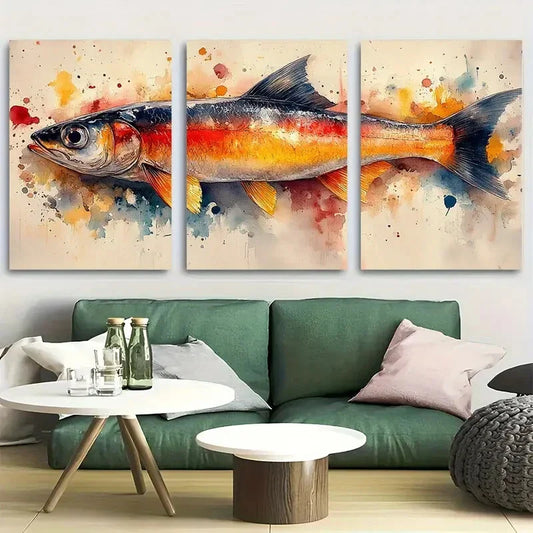 3pcs Vibrant Watercolor Sardine Design Metal Print Ready to Hang Art