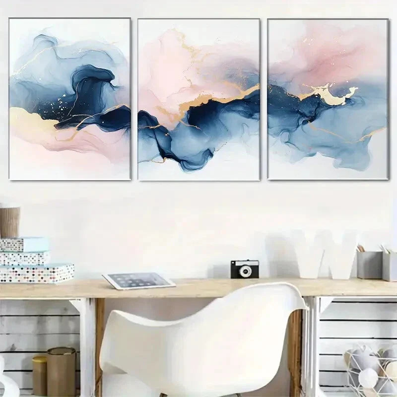 3pcs Abstract Ink Wash Paintings In Shades Of Blue Metal Print Ready to Hang Art