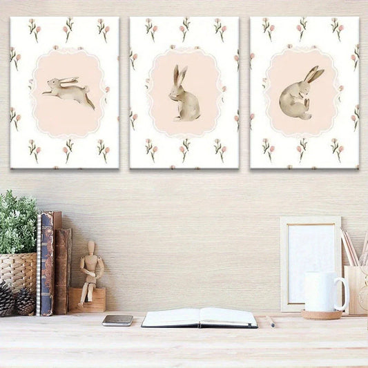 3pcs Charming Spring Playful Bunnies Colorful Eggs Metal Print Ready to Hang Art