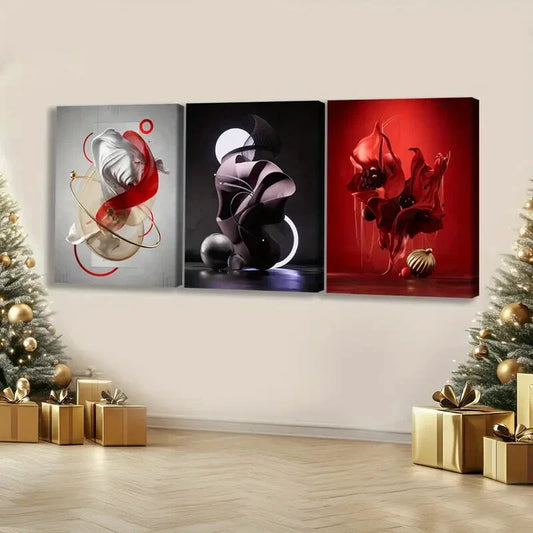 3pcs Modern Abstract Art Red & Gold Black White Wall Art Set Canvas Framed 40x60cm - High Quality Print 100% Australian Made Wall Canvas Ready to Hang