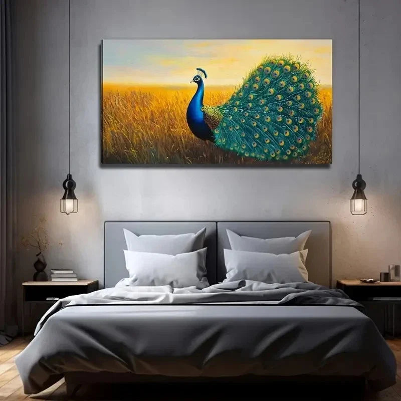 Modern Peacock On The Prairie Wall Art Canvas Office Home Room Framed 120x60cm