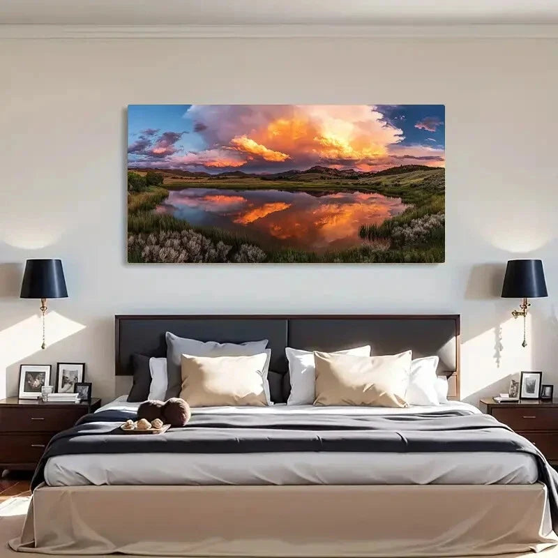 Sunset Tranquil Lake Reflection Wall Art Canvas Office Home Room Framed 120x60cm