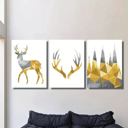3pcs Geometric polygonal stag, Metal Print Ready to Hang Art