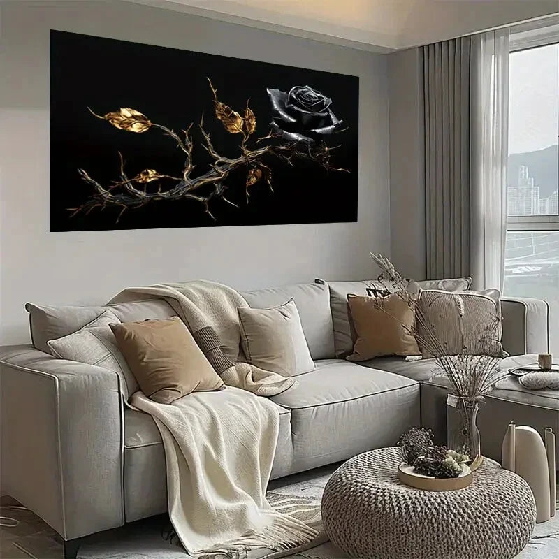 Golden Rose & Thorns on Black Wall Art wall canvas office home room framed 120x60cm