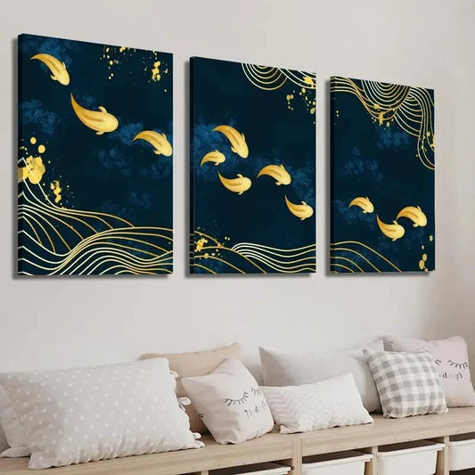 3pcs Navy blue and Golden Fish Wall Art Set Canvas Framed 40x60cm - High Quality Print 100% Australian Made Wall Canvas Ready to Hang