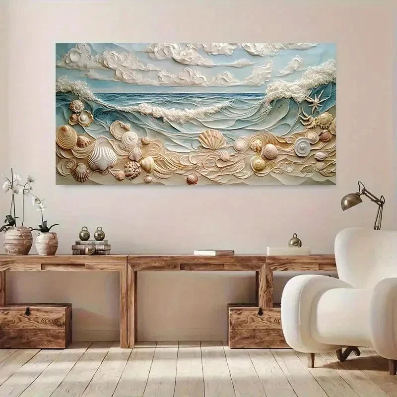 Ocean Waves with Seashells wall canvas office home room framed 120x60cm