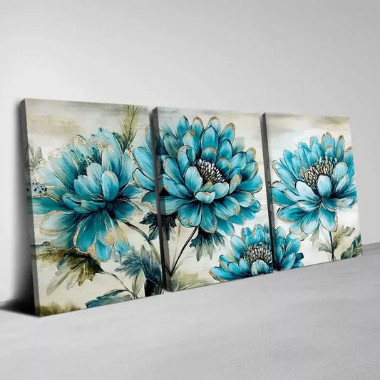3pcs Beautiful Blue Flowers with Greenery Wall Art Set Canvas Framed 40x60cm - High Quality Print 100% Australian Made Wall Canvas Ready to Hang