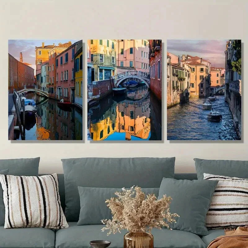 3pcs - Vibrant Italian Cityscape Buildings Boats Metal Print Ready to Hang Art