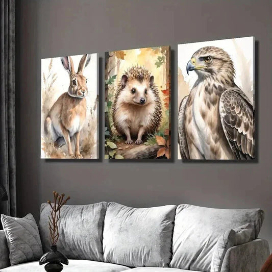 3pcs Aesthetic Watercolor Rabbit Hedgehog Eagle Wall Art Set Canvas Framed 40x60cm - High Quality Print 100% Australian Made Wall Canvas Ready to Hang