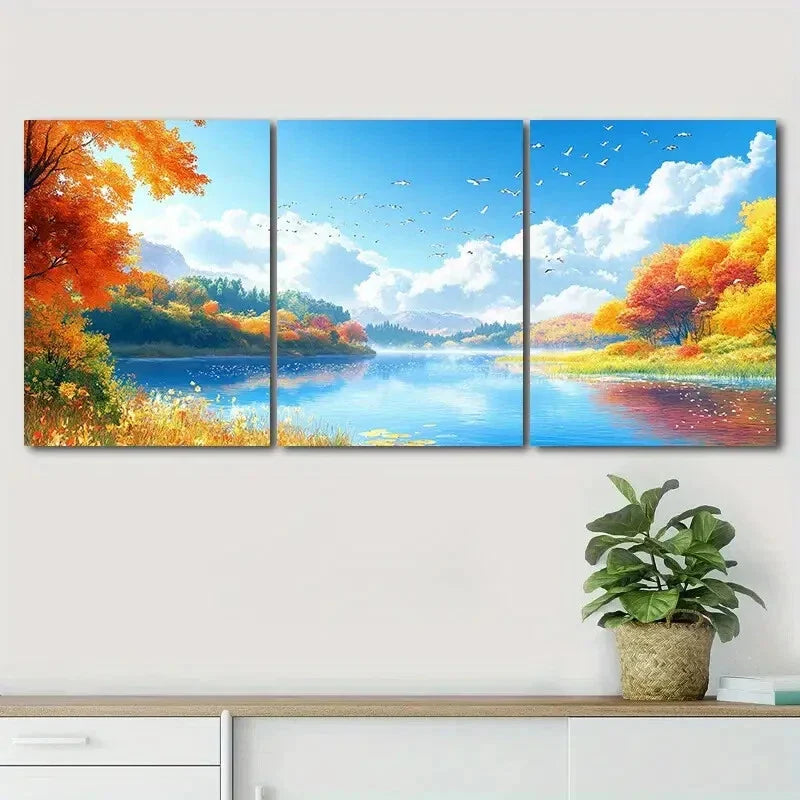 3pcs Vibrant Foliage & Reflective Waters Perfect Wall Art Set Canvas Framed 40x60cm - High Quality Print 100% Australian Made Wall Canvas Ready to Hang