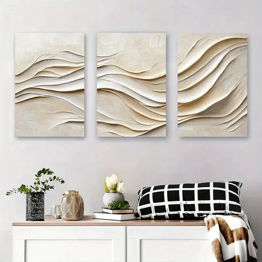 3pcs Abstract Beige Textured Contemporary Metal Print Ready to Hang Art