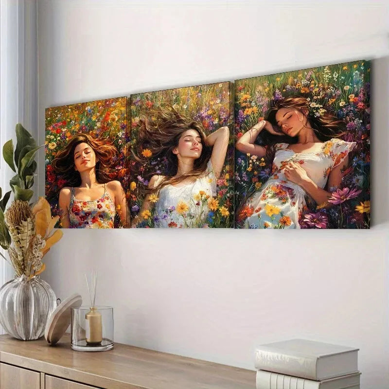 3pcs A Woman Surrounded By Vibrant Flowers  Wall Art Set Canvas Framed 40x60cm - High Quality Print 100% Australian Made Wall Canvas Ready to Hang