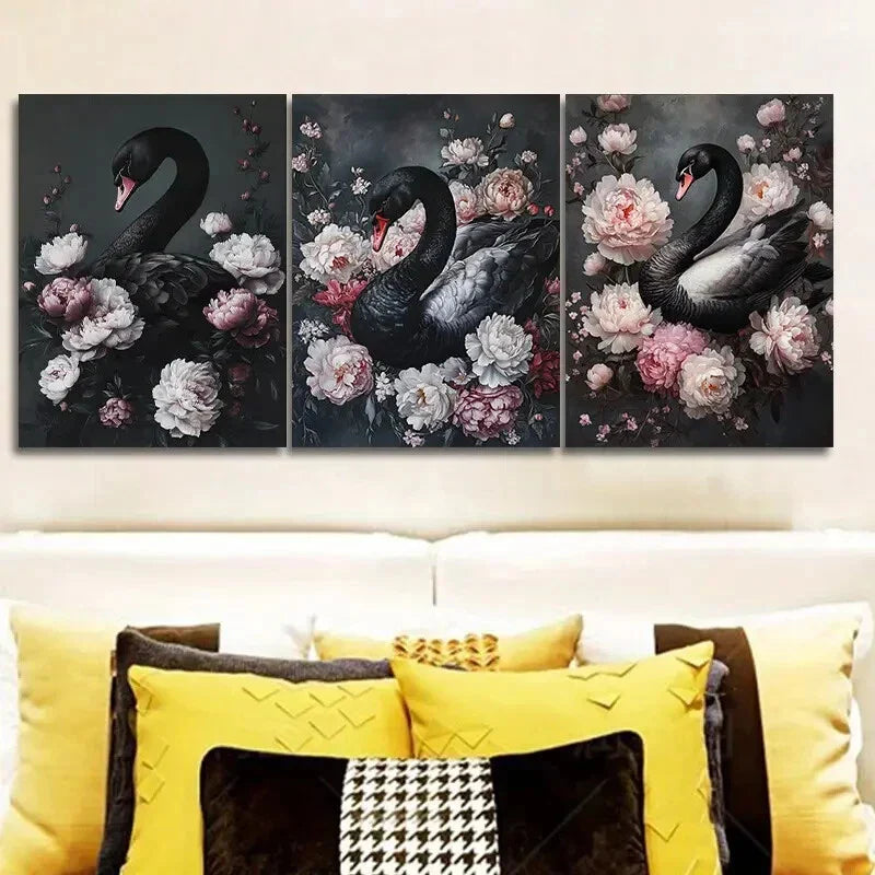 3pcs Very elegant black swan   Metal Print Ready to Hang Art