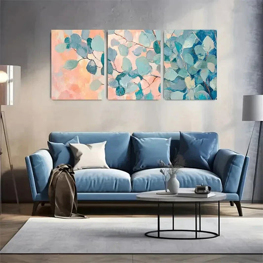 3pcs Summer Rainbow Eucalyptus Peach & Aqua Metal Print Ready to Hang Art