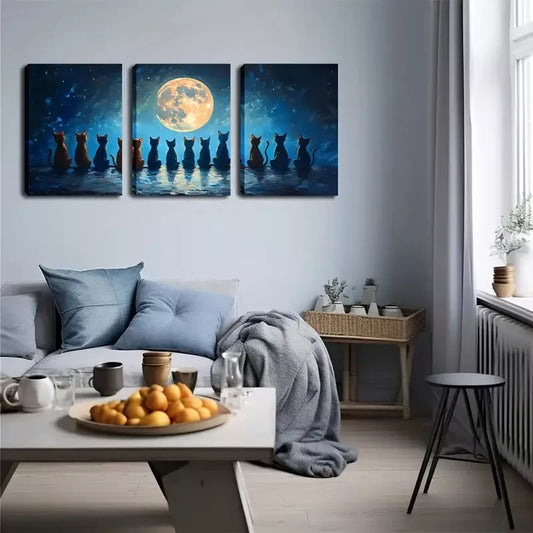 3pcs A Row Of Cats Looking Up At The Moon   Wall Art Set Canvas Framed 40x60cm - High Quality Print 100% Australian Made Wall Canvas Ready to Hang