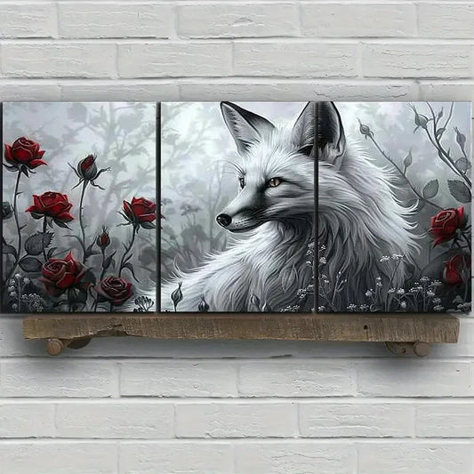 3pcs White Fox Red Roses Leaves Black & White Metal Print Ready to Hang Art