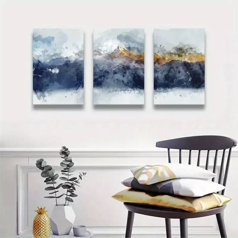 3pcs Blue & Gold Abstract Mountains Canvas Framed 40x60cm - High Quality Print 100% Australian Made Wall Canvas Ready to Hang